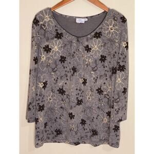Hot Cotton Top Womens XL 3/4 Sleeve Brown Floral Print Gold Stretchy Made n USA